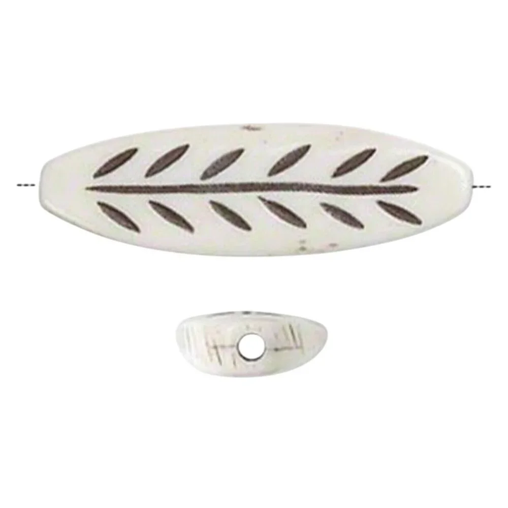 India Tribal Carved Leaf Marquise Cream Black Yak Bone 40mm Pendant Bead